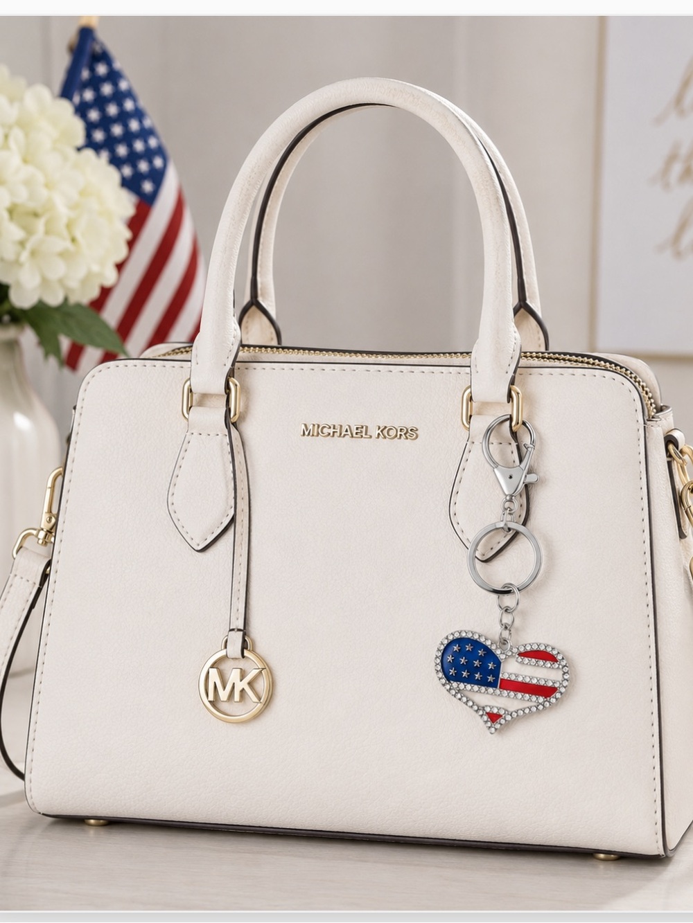 NWT Patriotic Heart Flag Keychain Bag Charm Silvertone Americana